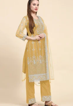 Embroidered Net Pakistani Suit in Mustard