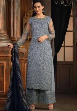 Embroidered Net Pakistani Suit in Dusty Blue