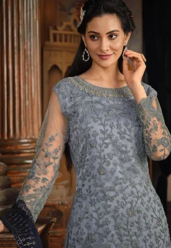 Embroidered Net Pakistani Suit in Dusty Blue