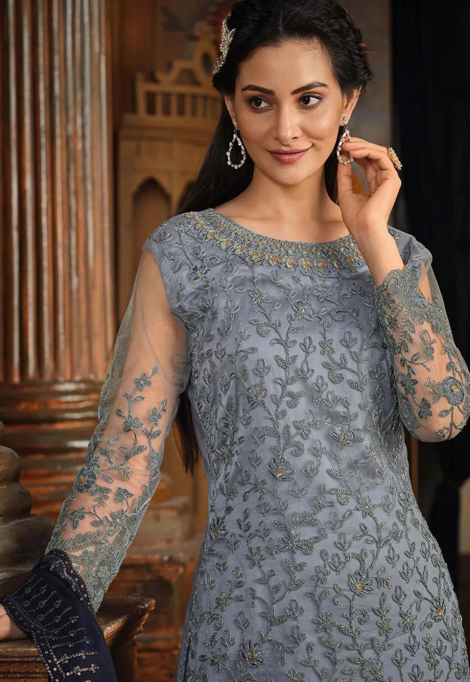 Embroidered Net Pakistani Suit in Dusty Blue
