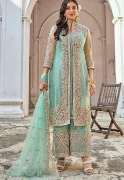 Embroidered Net Pakistani Suit in Sea Green