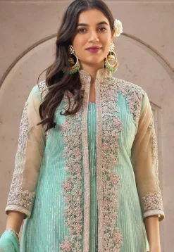 Embroidered Net Pakistani Suit in Sea Green