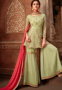 Embroidered Net Pakistani Suit in Pastel Green