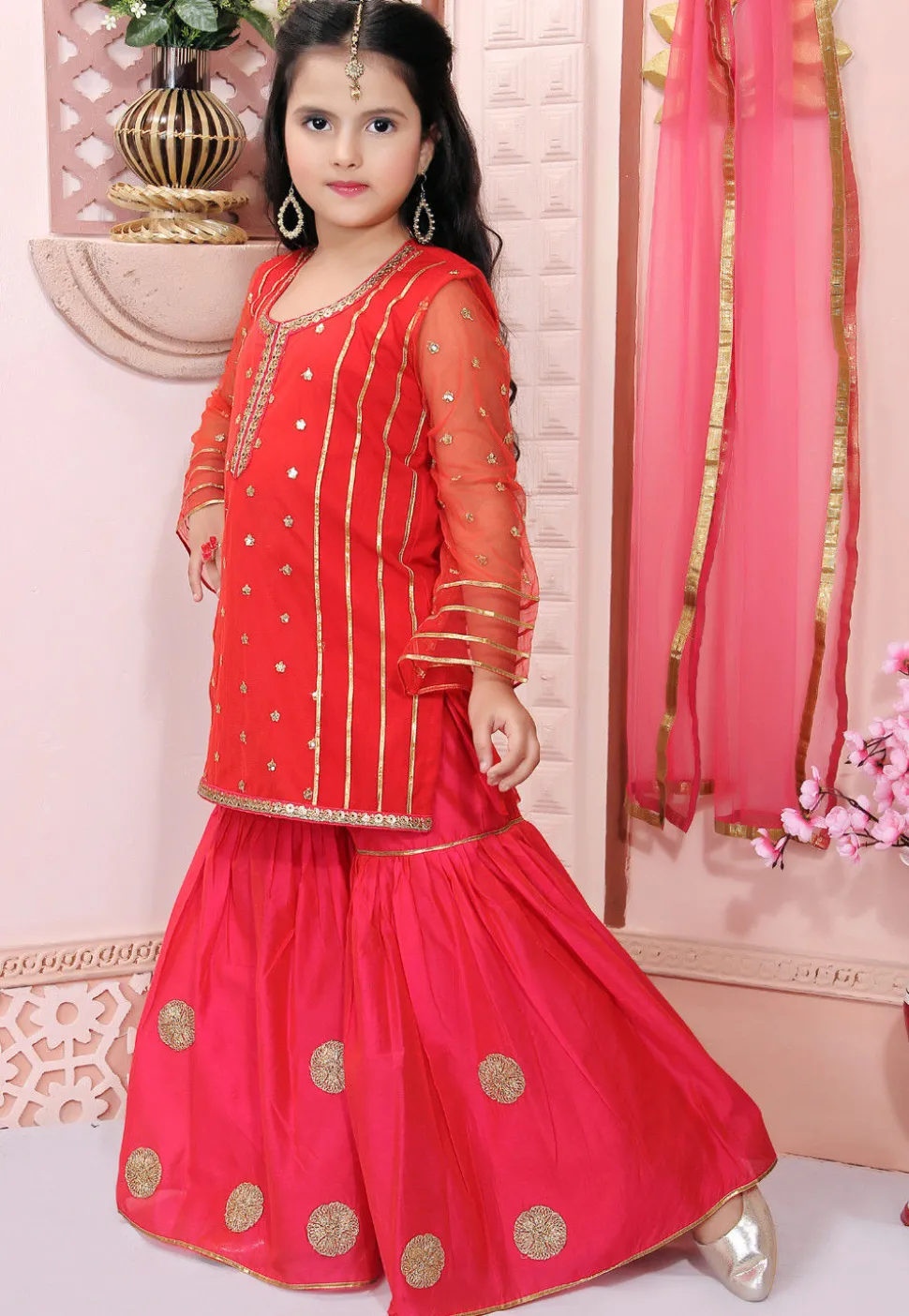 Embroidered Net Pakistani Suit in Red