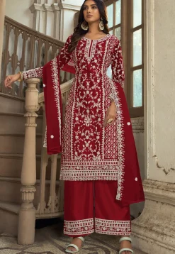 Embroidered Net Pakistani Suit in Red