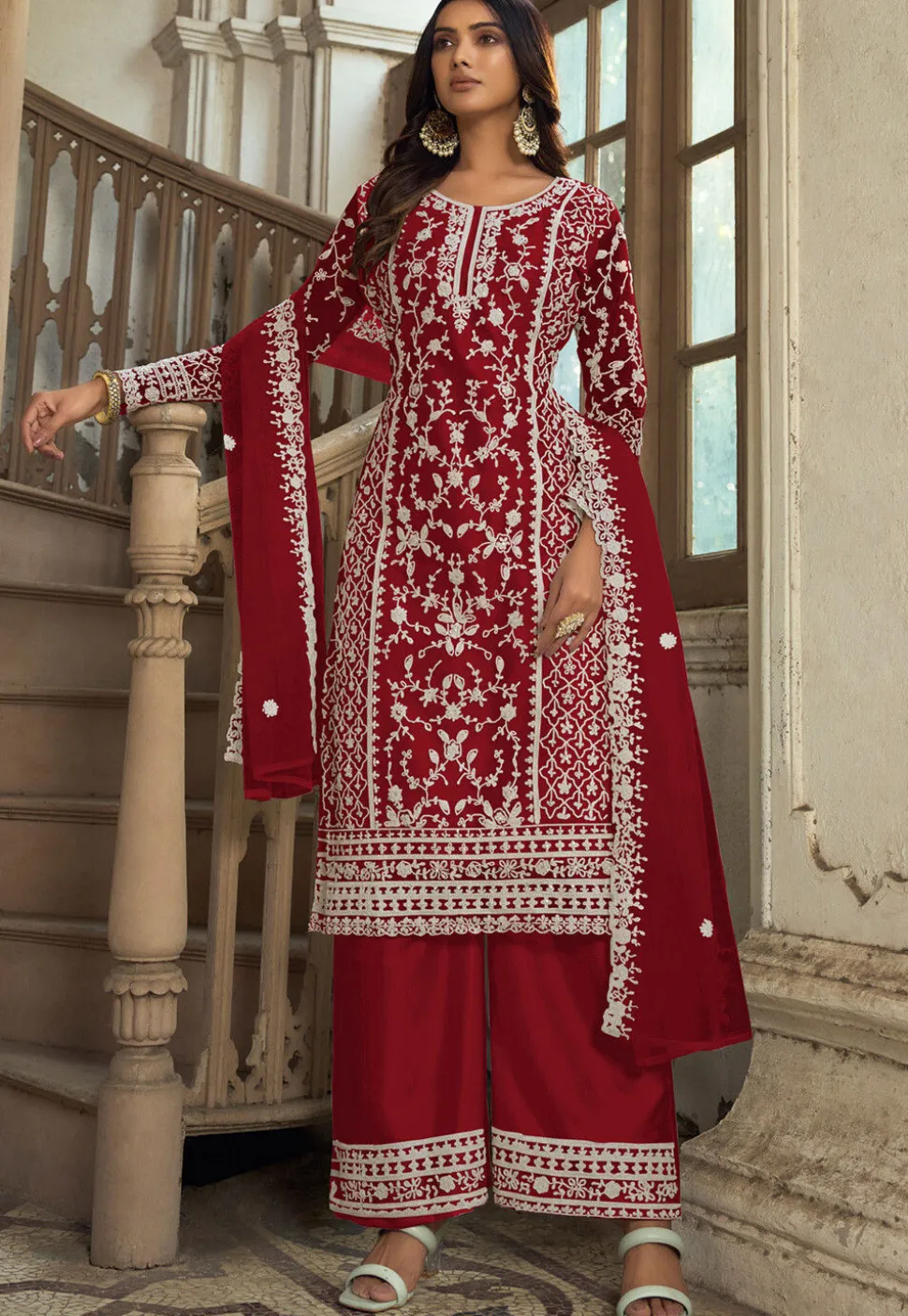 Embroidered Net Pakistani Suit in Red