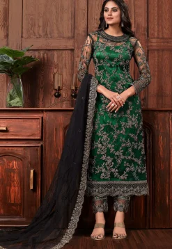 Embroidered Net Pakistani Suit in Dark Green