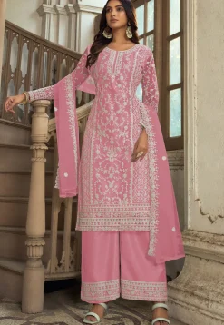 Embroidered Net Pakistani Suit in Pink