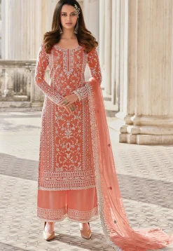 Embroidered Net Pakistani Suit in Orange