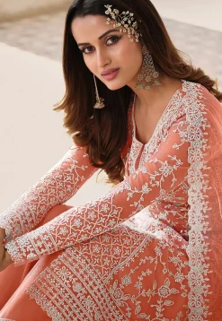Embroidered Net Pakistani Suit in Orange