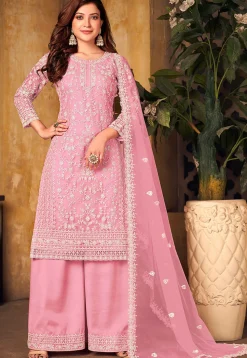 Embroidered Net Pakistani Suit in Pink