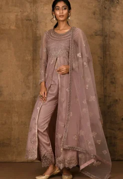 Embroidered Net Pakistani Suit in Old Rose