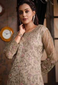 Embroidered Net Pakistani Suit in Beige