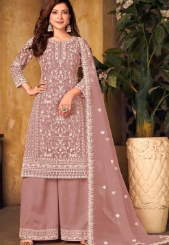 Embroidered Net Pakistani Suit in Old Rose