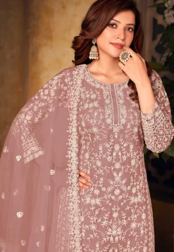 Embroidered Net Pakistani Suit in Old Rose