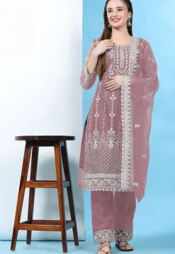 Embroidered Net Pakistani Suit in Old Rose