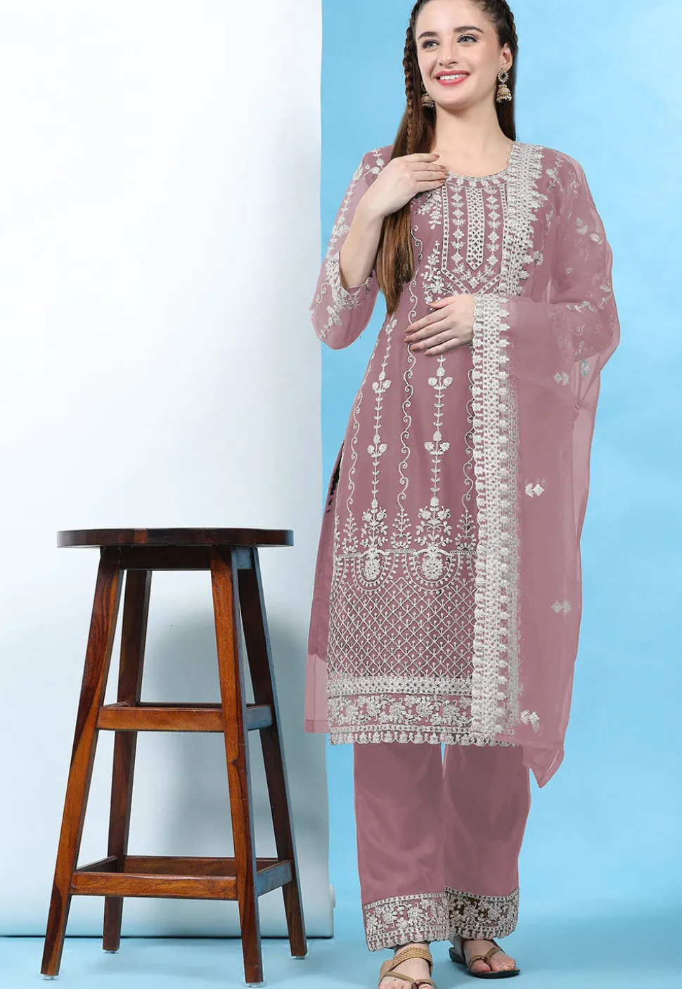 Embroidered Net Pakistani Suit in Old Rose