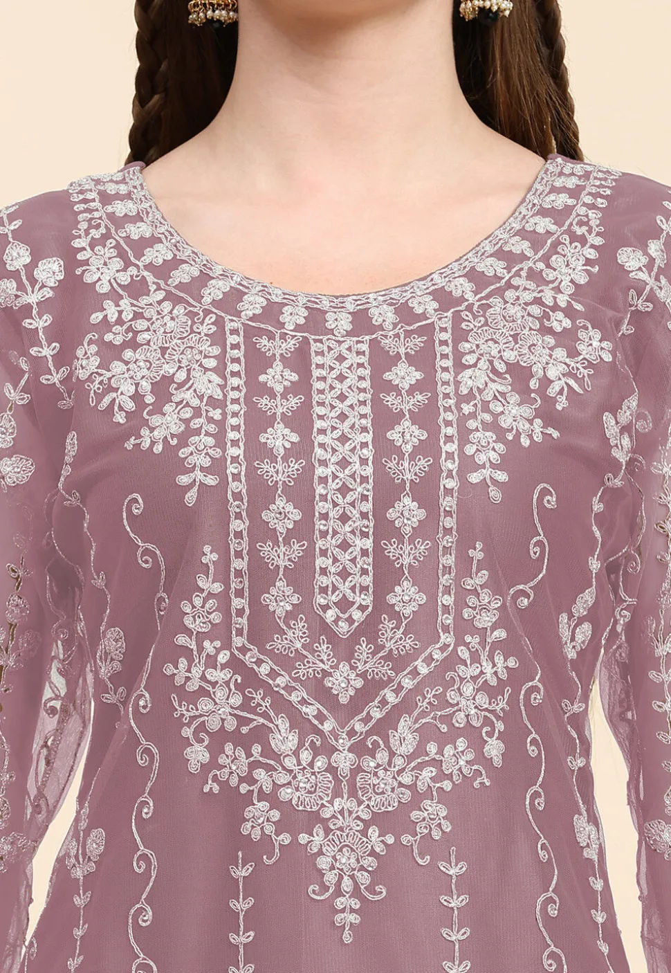 Embroidered Net Pakistani Suit in Old Rose