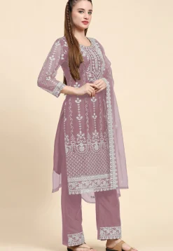 Embroidered Net Pakistani Suit in Old Rose
