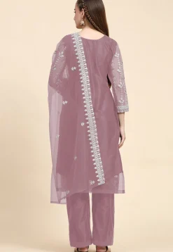 Embroidered Net Pakistani Suit in Old Rose