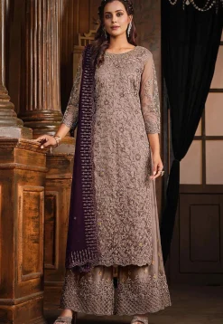 Embroidered Net Pakistani Suit in Brown