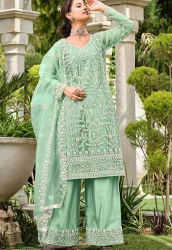 Embroidered Net Pakistani Suit in Sea Green