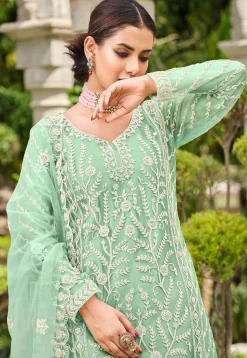Embroidered Net Pakistani Suit in Sea Green
