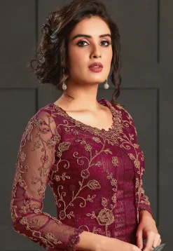 Embroidered Net Pakistani Suit in Purple