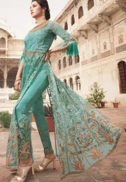 Embroidered Net Pakistani Suit in Sea Green