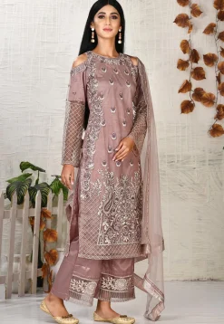 Embroidered Net Pakistani Suit in Old Rose