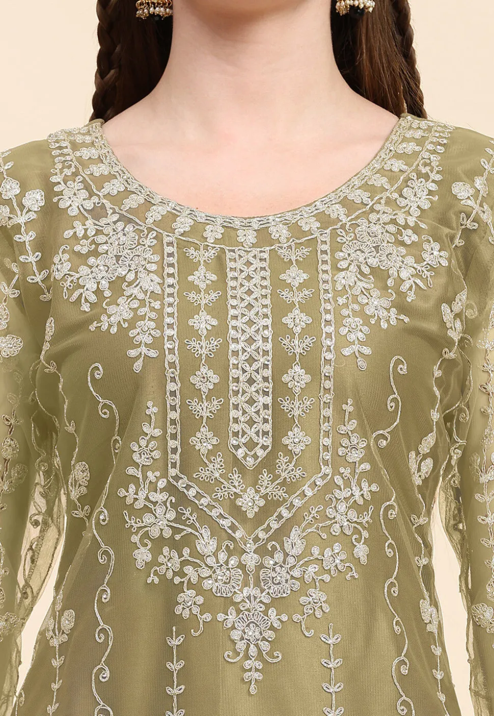 Embroidered Net Pakistani Suit in Beige