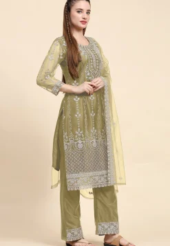 Embroidered Net Pakistani Suit in Beige
