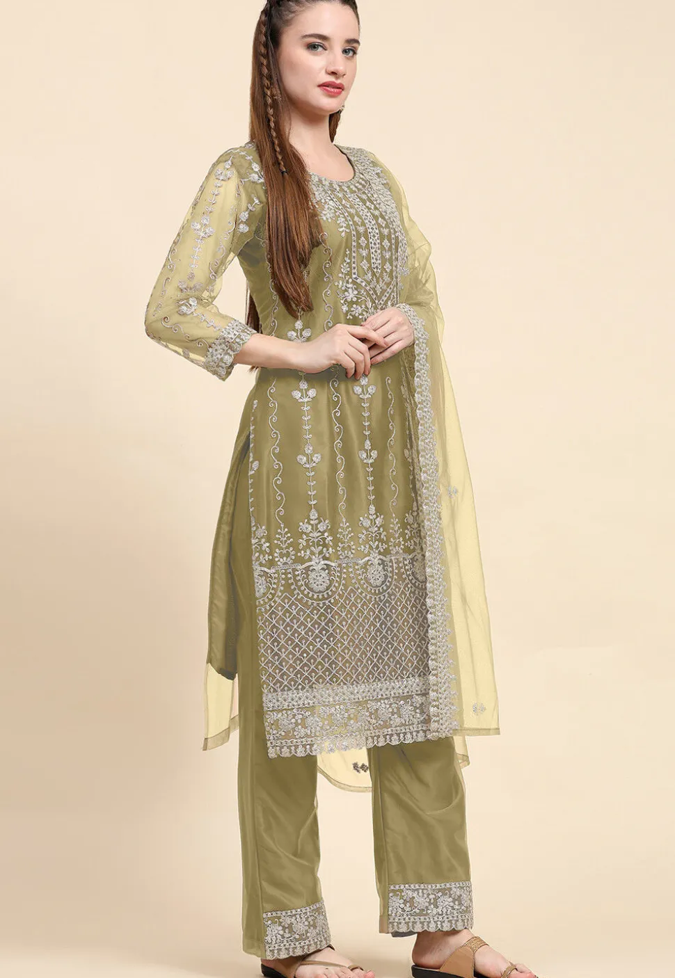 Embroidered Net Pakistani Suit in Beige