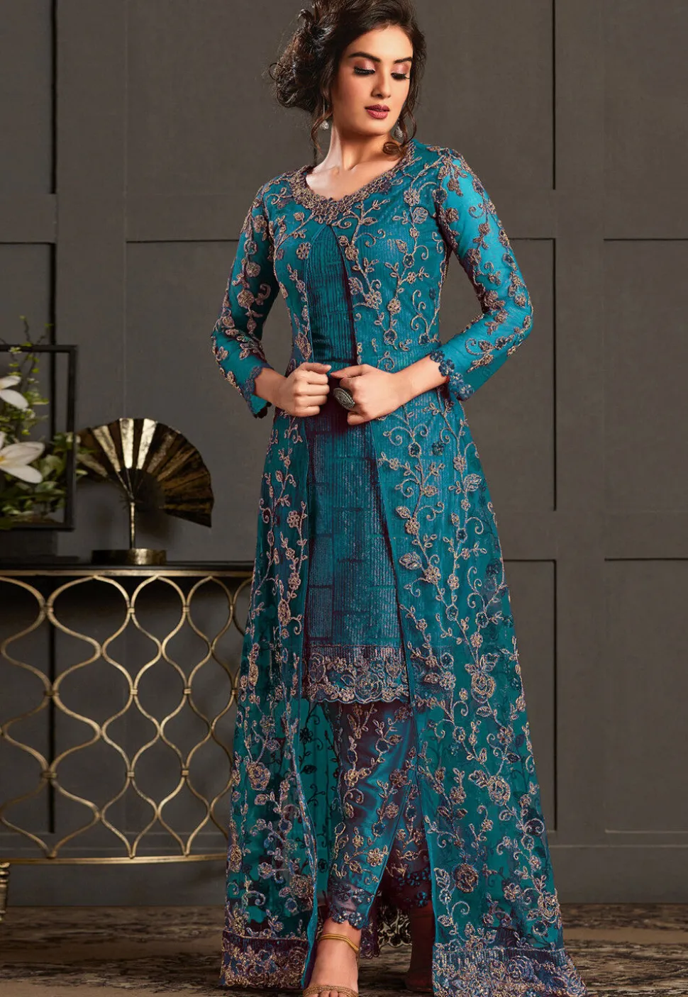 Embroidered Net Pakistani Suit in Teal Blue