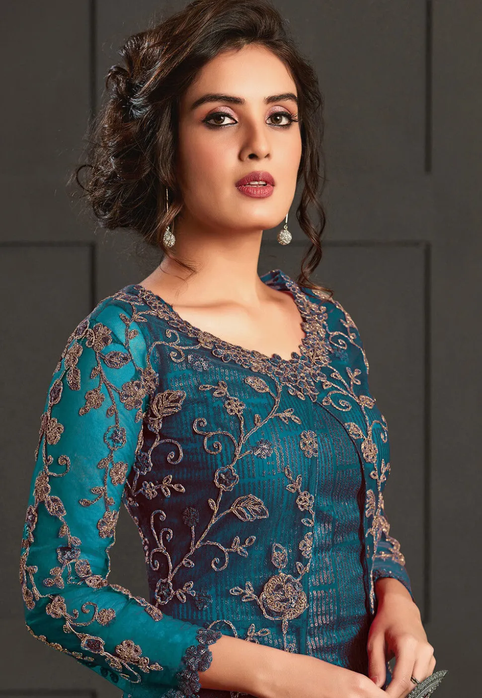 Embroidered Net Pakistani Suit in Teal Blue