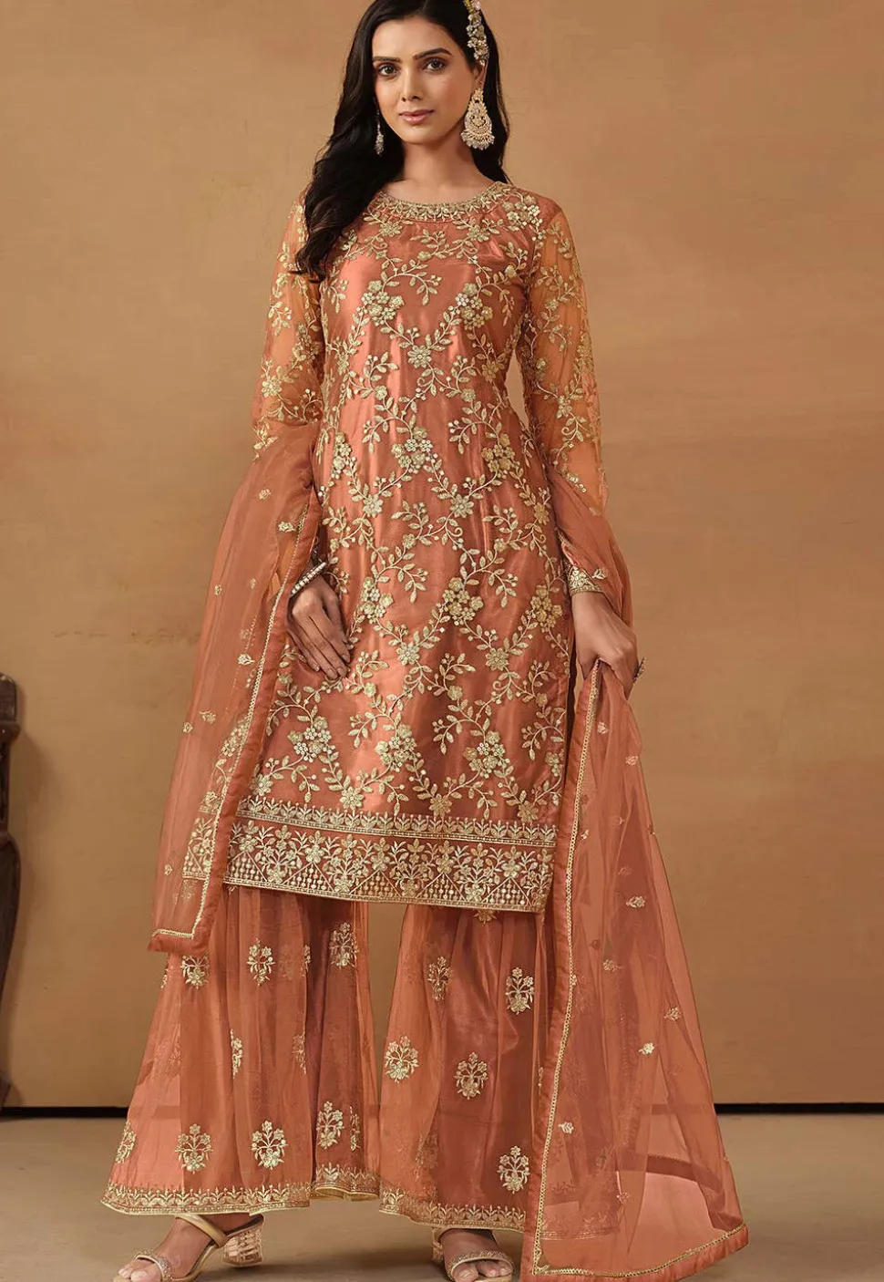 Embroidered Net Pakistani Suit in Peach