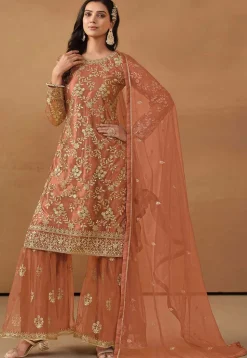 Embroidered Net Pakistani Suit in Peach