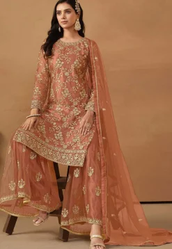 Embroidered Net Pakistani Suit in Peach