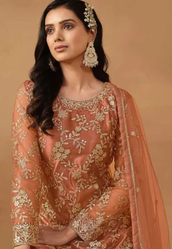 Embroidered Net Pakistani Suit in Peach