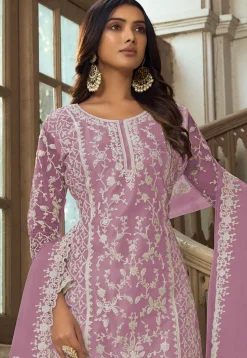 Embroidered Net Pakistani Suit in Light Purple
