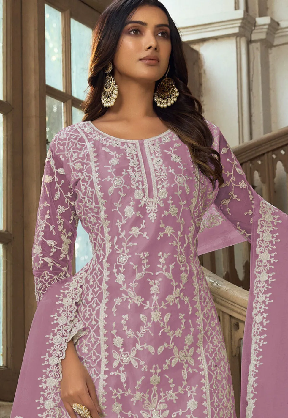 Embroidered Net Pakistani Suit in Light Purple