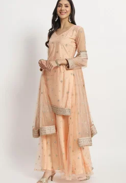 Embroidered Net Pakistani Suit in Peach