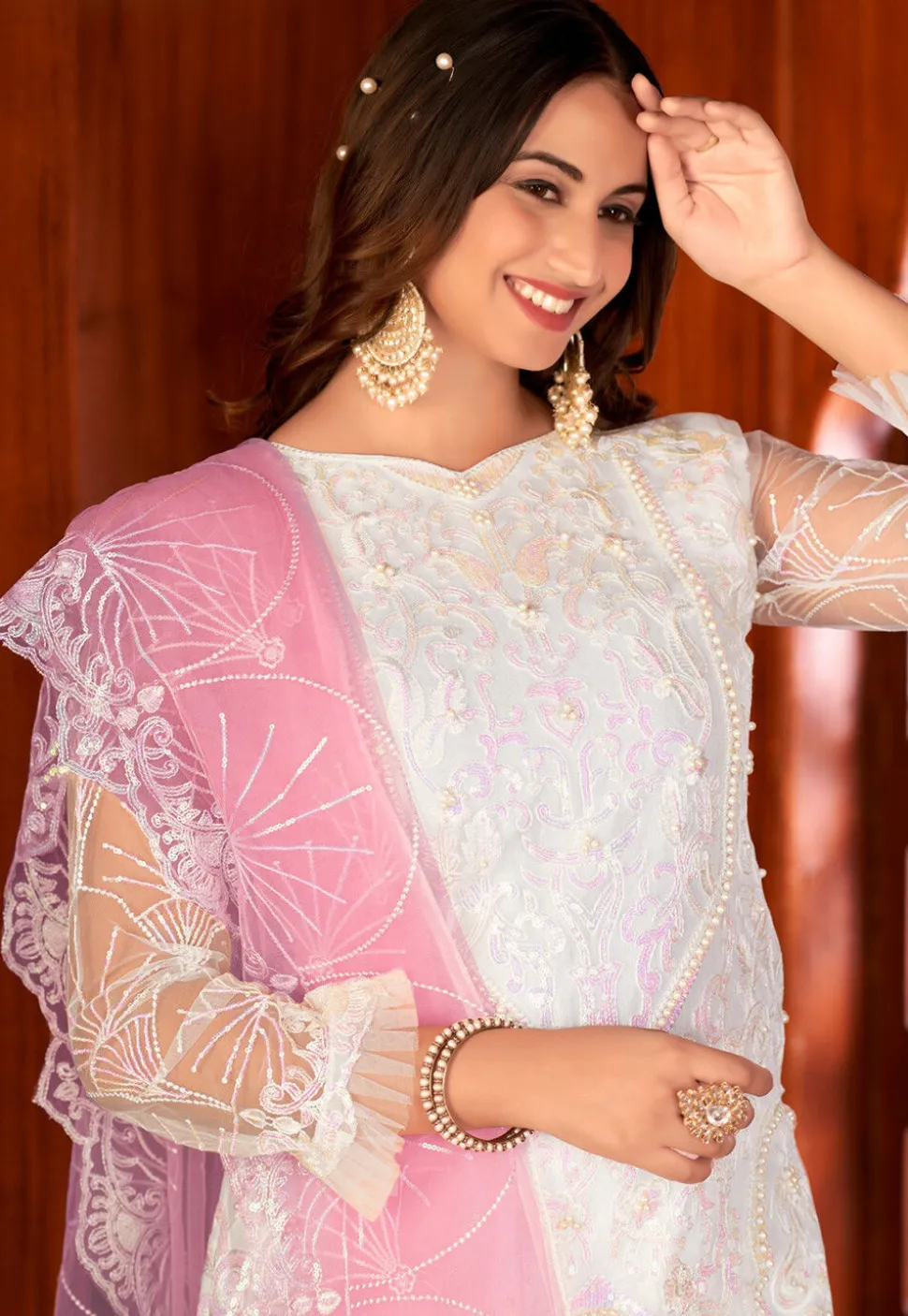 Embroidered Net Pakistani Suit in Off White