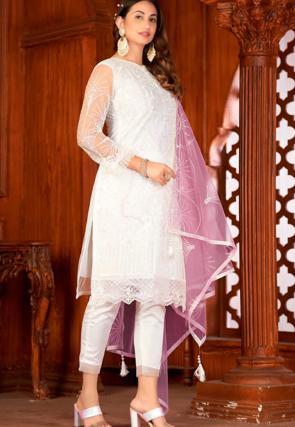 Embroidered Net Pakistani Suit in Off White