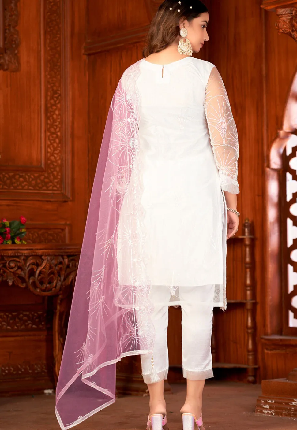 Embroidered Net Pakistani Suit in Off White