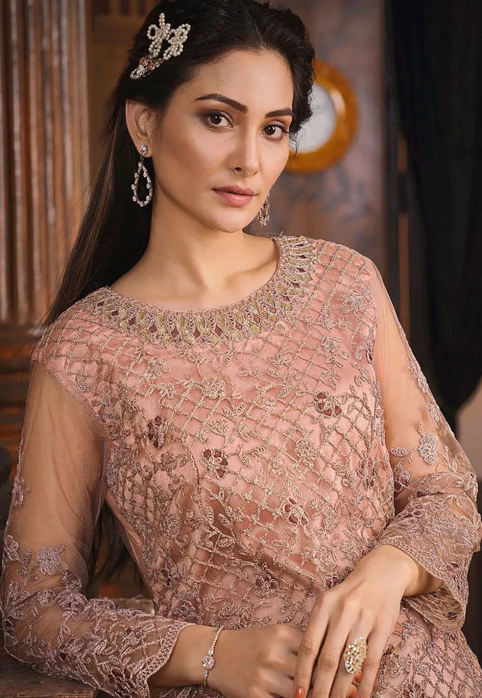 Embroidered Net Pakistani Suit in Peach