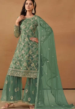 Embroidered Net Pakistani Suit in Teal Green
