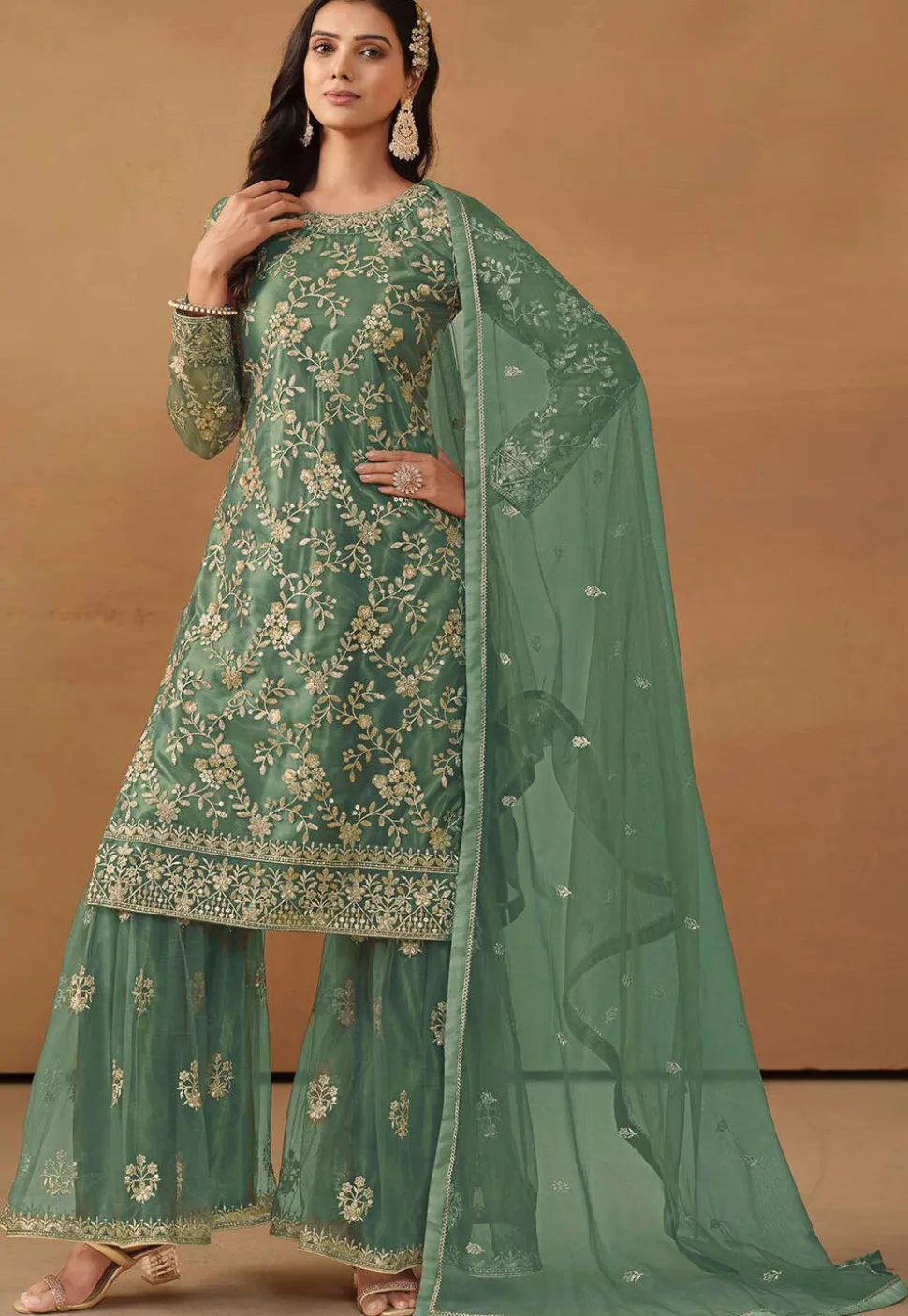 Embroidered Net Pakistani Suit in Teal Green