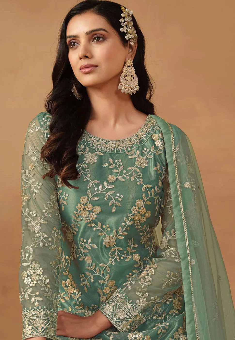 Embroidered Net Pakistani Suit in Teal Green