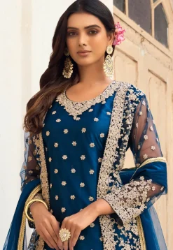 Embroidered Net Pakistani Suit in Teal Blue